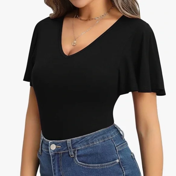 Mangopop XL black V-Neck Bodysuit Flutter Sleeves Stretch - Picture 5 of 9